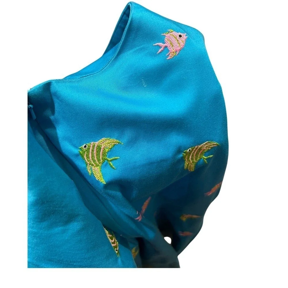 Vintage Tropical Dress Cardigan‎ Set Women 8 Embroidered Fish Cruise Resort Wear